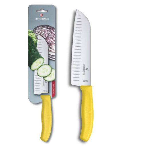 VICTORINOX SWISS CLASSIC SANTOKU KNIFE FLUTED BLADE YELLOW 17 CM BLISTER V8526.17L8B 01