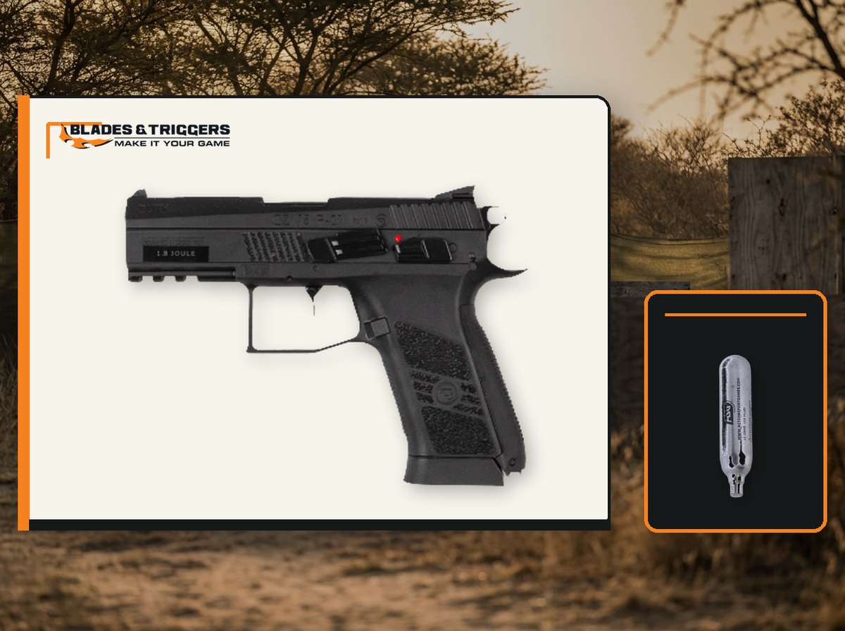 Genuine ASG CZ 75 P-07 Duty 6mm CO2 airsoft pistol and ASG 12g Powerlet presented against a South African airsoft field